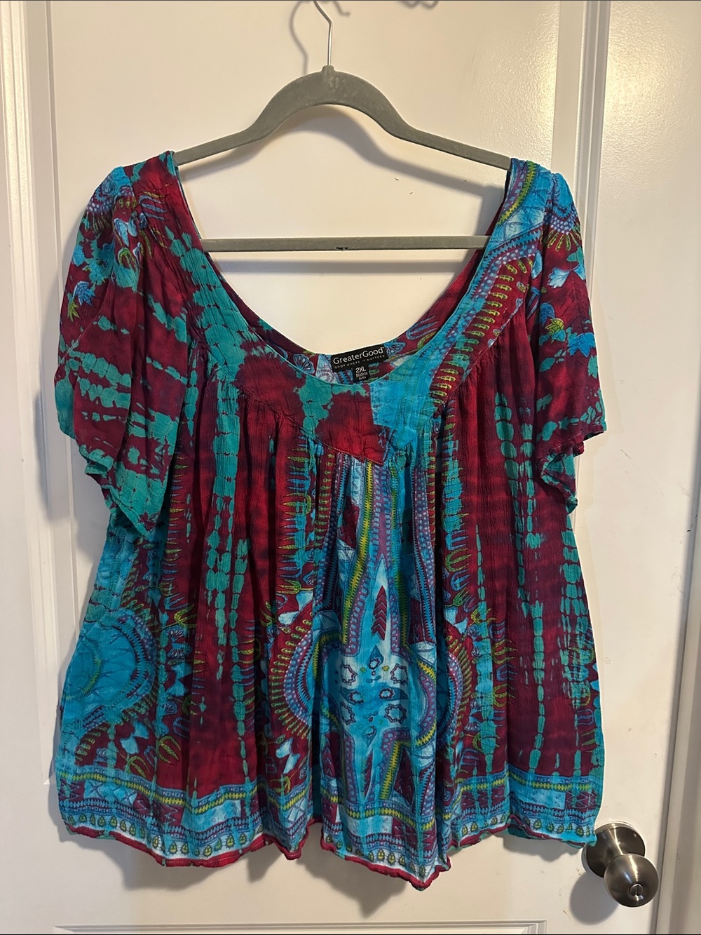 GreaterGood Women's Blue & Burgundy Tie-Dye Peasant Top